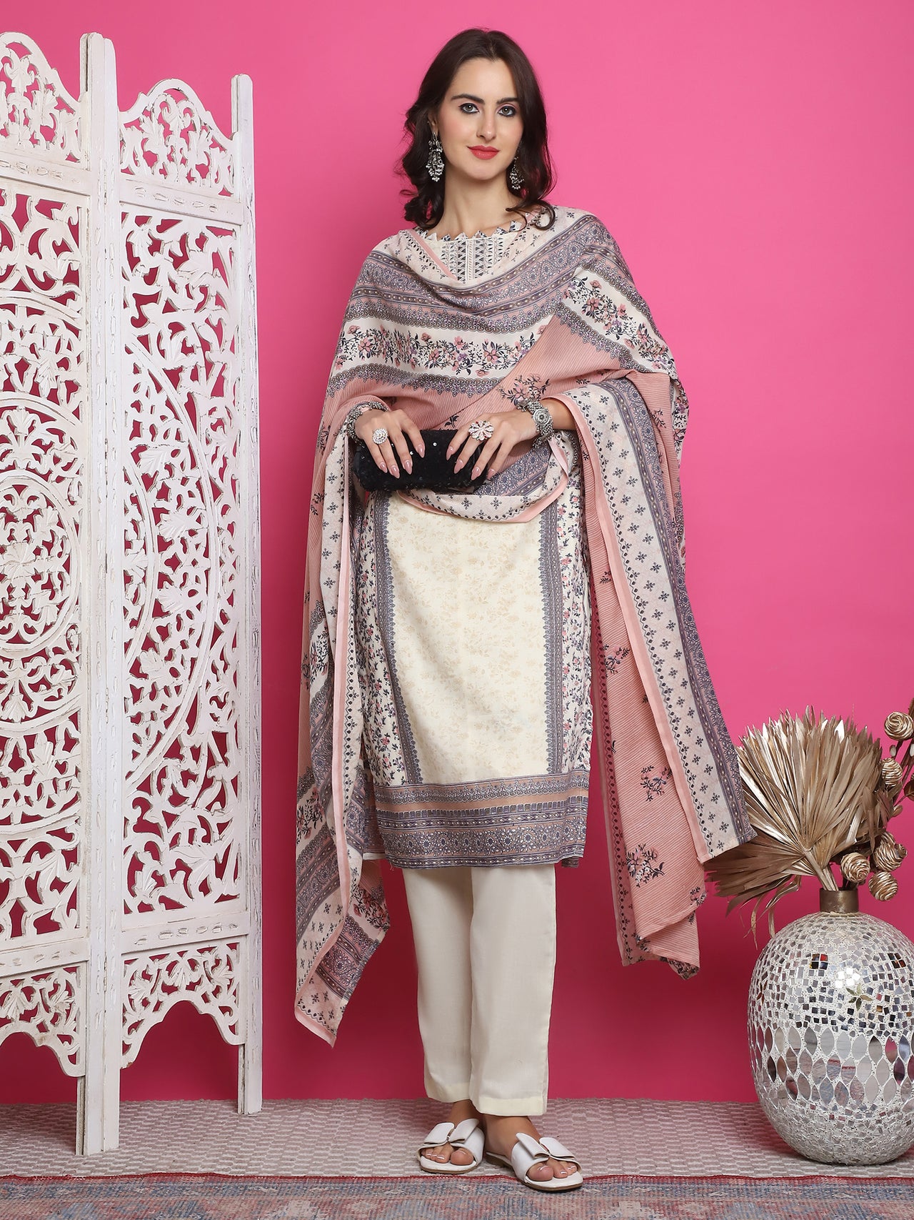 Jyoti Fashion Women's Cream Cotton Floral Digital Print with Resham Thread Work Kurta with Trouser & Dupatta