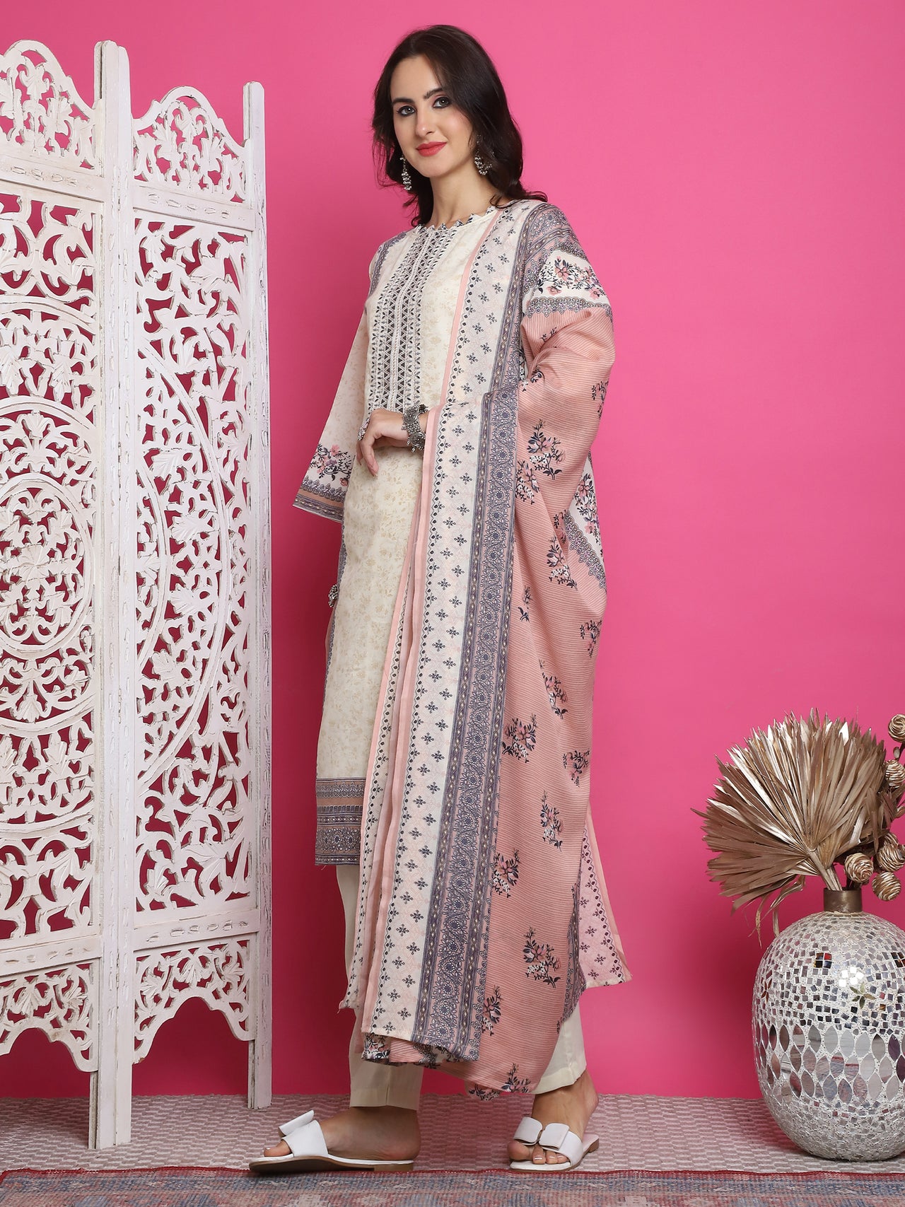 Jyoti Fashion Women's Cream Cotton Floral Digital Print with Resham Thread Work Kurta with Trouser & Dupatta