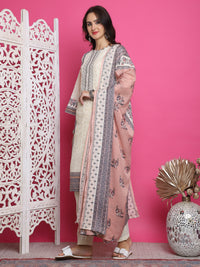 Thumbnail for Jyoti Fashion Women's Cream Cotton Floral Digital Print with Resham Thread Work Kurta with Trouser & Dupatta