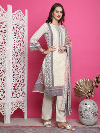 Thumbnail for Jyoti Fashion Women's Cream Cotton Floral Digital Print with Resham Thread Work Kurta with Trouser & Dupatta