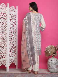 Thumbnail for Jyoti Fashion Women's Cream Cotton Floral Digital Print with Resham Thread Work Kurta with Trouser & Dupatta
