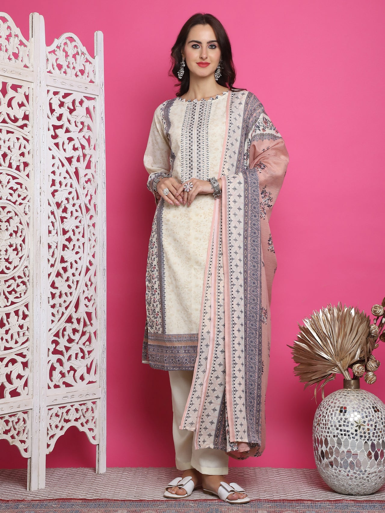 Jyoti Fashion Women's Cream Cotton Floral Digital Print with Resham Thread Work Kurta with Trouser & Dupatta