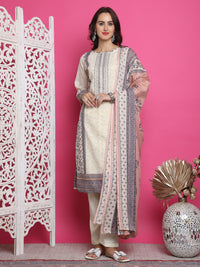 Thumbnail for Jyoti Fashion Women's Cream Cotton Floral Digital Print with Resham Thread Work Kurta with Trouser & Dupatta