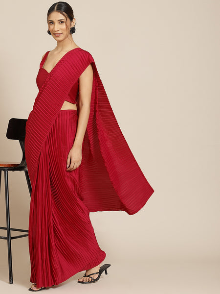 Jyoti Fashion Women's Red Satin Platted Work Designer Saree with Blouse