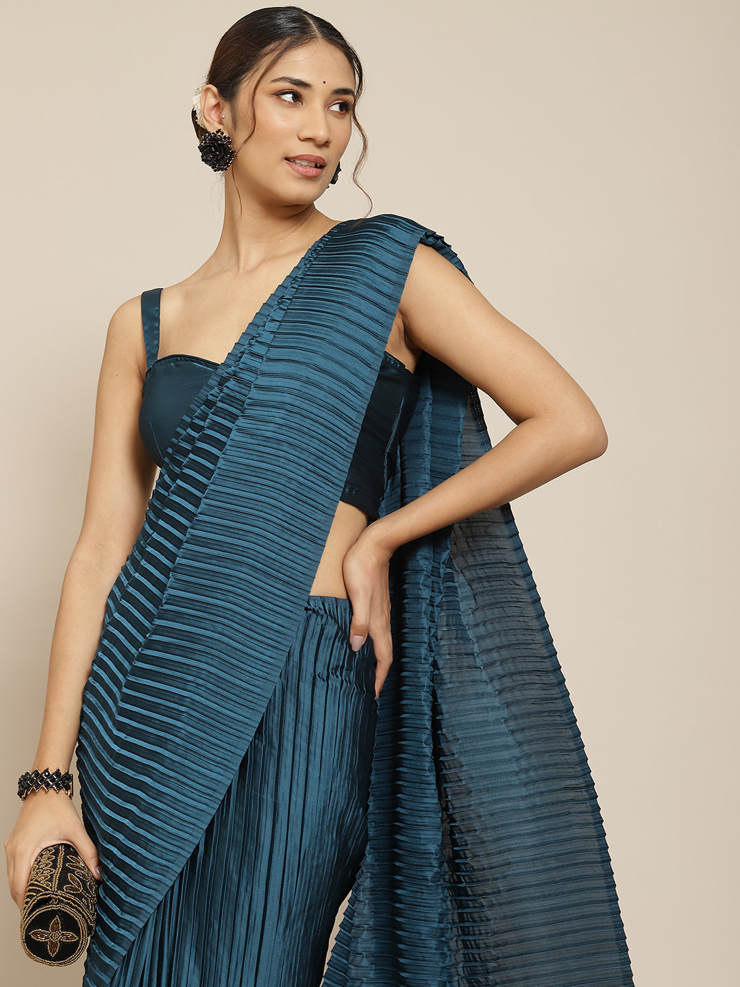 Jyoti Fashion Women's Blue Satin Platted Work Designer Saree with Blouse