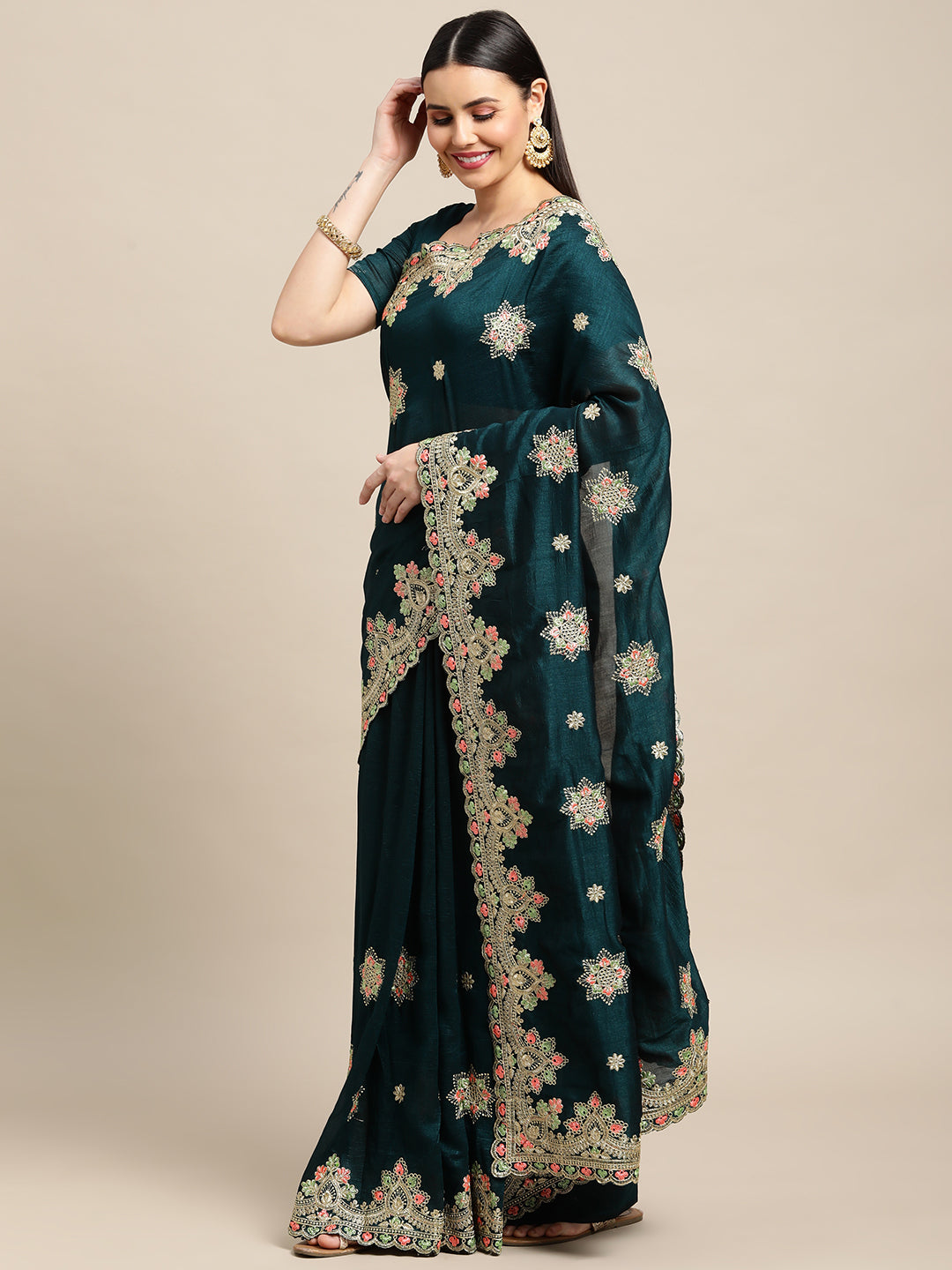 Jyoti Fashion Women's Green Silk Blend Embroidered Designer Saree with Blouse