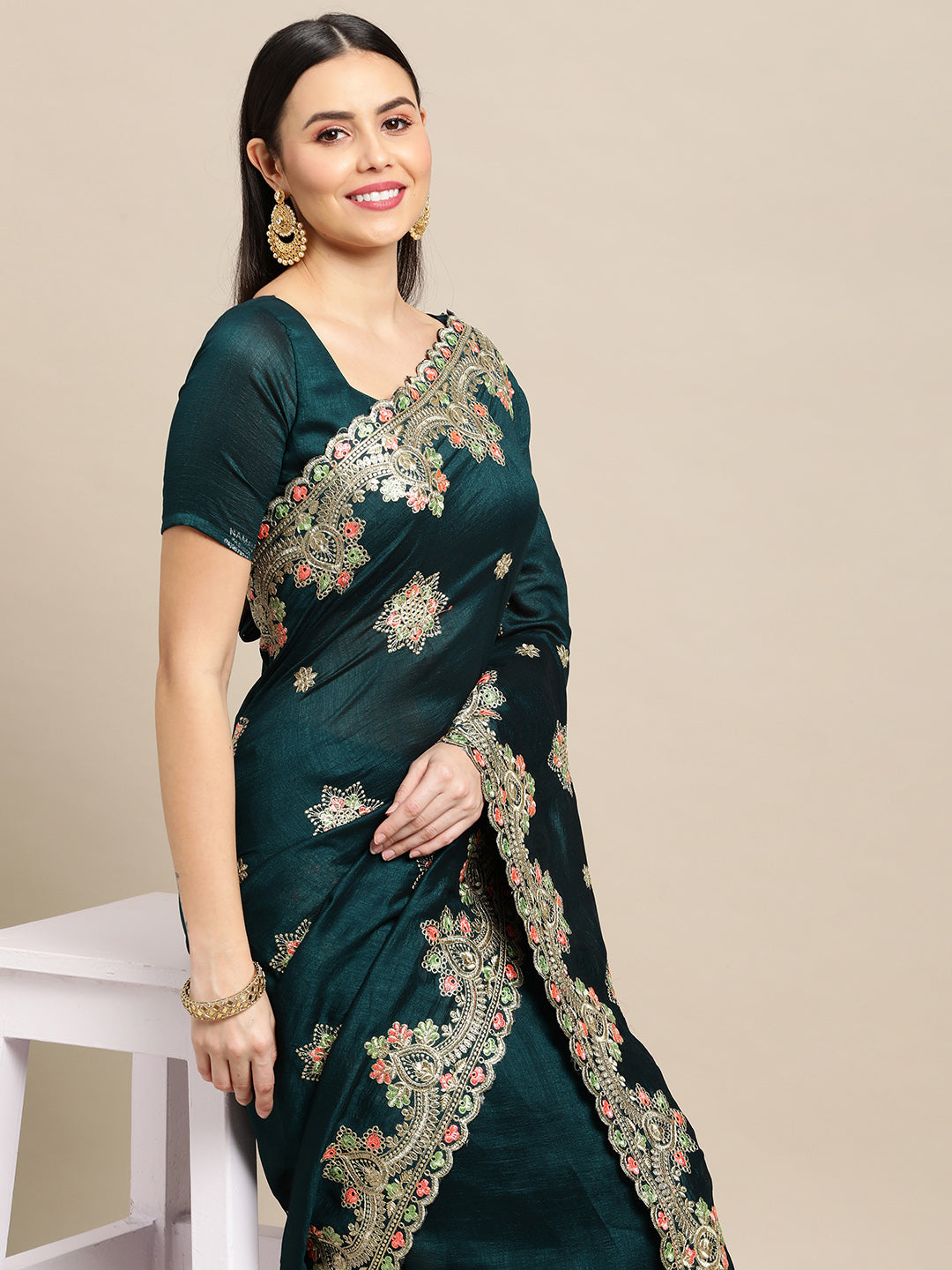 Jyoti Fashion Women's Green Silk Blend Embroidered Designer Saree with Blouse
