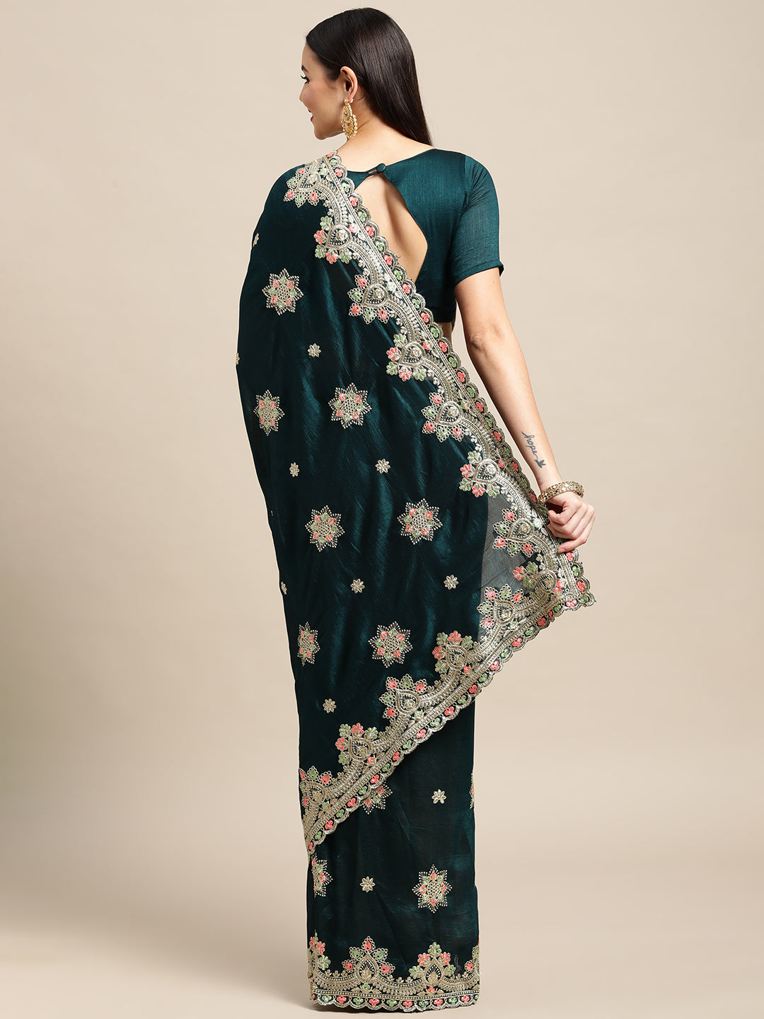 Jyoti Fashion Women's Green Silk Blend Embroidered Designer Saree with Blouse