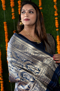 Thumbnail for Jyoti Fashion Women's Navy Blue Handloom Banarasi Silk Zari Woven Saree with Blouse