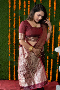 Thumbnail for Jyoti Fashion Women's Maroon Handloom Banarasi Silk Zari Woven Saree with Blouse