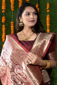 Thumbnail for Jyoti Fashion Women's Maroon Handloom Banarasi Silk Zari Woven Saree with Blouse