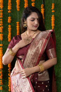 Thumbnail for Jyoti Fashion Women's Maroon Handloom Banarasi Silk Zari Woven Saree with Blouse