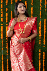 Thumbnail for Jyoti Fashion Women's Red Handloom Banarasi Silk Zari Woven Saree with Blouse