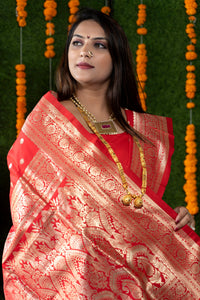 Thumbnail for Jyoti Fashion Women's Red Handloom Banarasi Silk Zari Woven Saree with Blouse