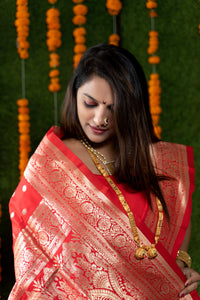 Thumbnail for Jyoti Fashion Women's Red Handloom Banarasi Silk Zari Woven Saree with Blouse