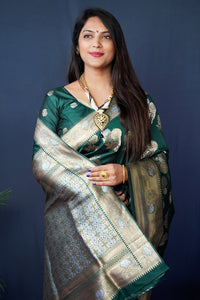Thumbnail for Jyoti Fashion Women's Bottle Green Handloom Banarasi Silk Zari Woven Saree with Blouse