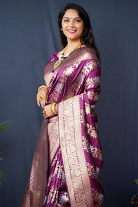 Thumbnail for Jyoti Fashion Women's Wine Handloom Banarasi Silk Zari Woven Saree with Blouse