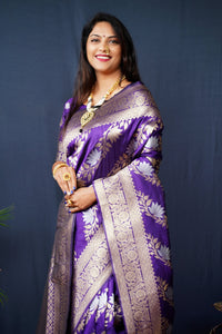 Thumbnail for Jyoti Fashion Women's Purple Handloom Banarasi Silk Zari Woven Saree with Blouse
