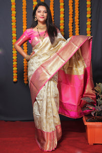 Thumbnail for Jyoti Fashion Women's Off White Kanchipuram Silk Zari Woven Saree with Blouse