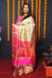 Thumbnail for Jyoti Fashion Women's Off White Kanchipuram Silk Zari Woven Saree with Blouse