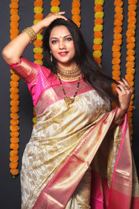 Thumbnail for Jyoti Fashion Women's Off White Kanchipuram Silk Zari Woven Saree with Blouse
