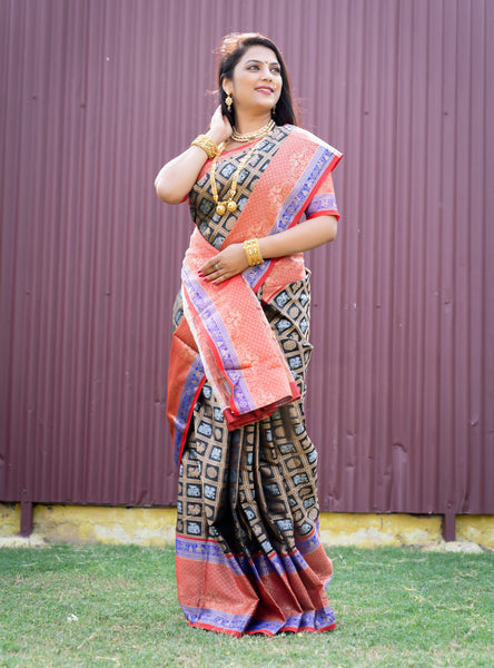 Jyoti Fashion Women's Black Kanchipuram Silk Zari Woven Saree with Blouse