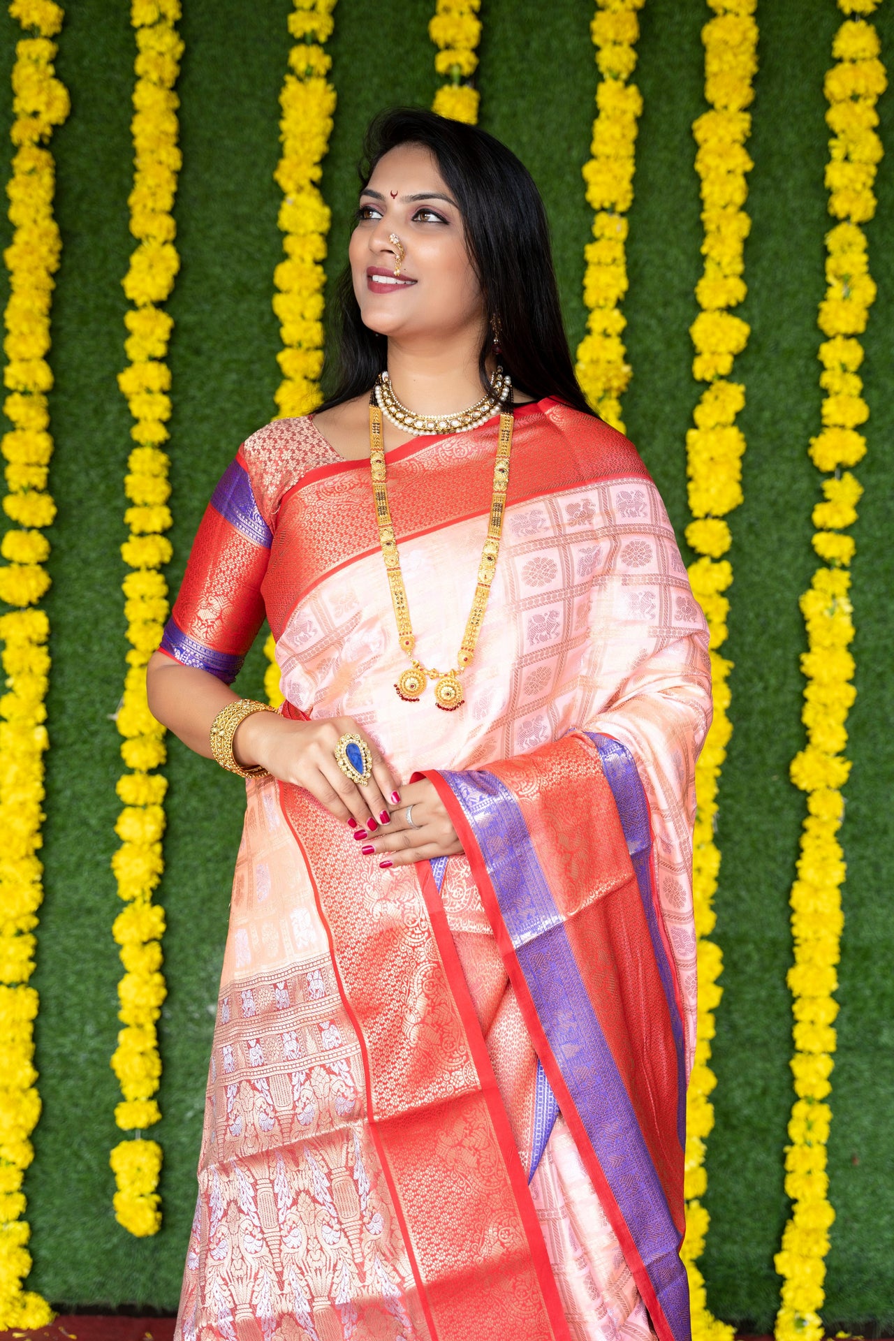 Jyoti Fashion Women's Peach Kanchipuram Silk Zari Woven Saree with Blouse