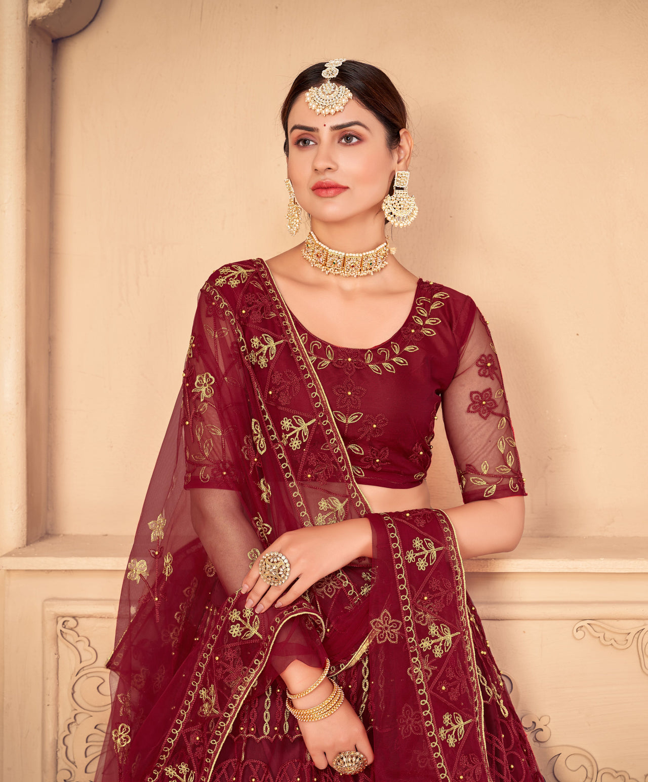 Jyoti Fashion Women's Maroon Net Thread Embroidered Designer Lehenga Choli Set