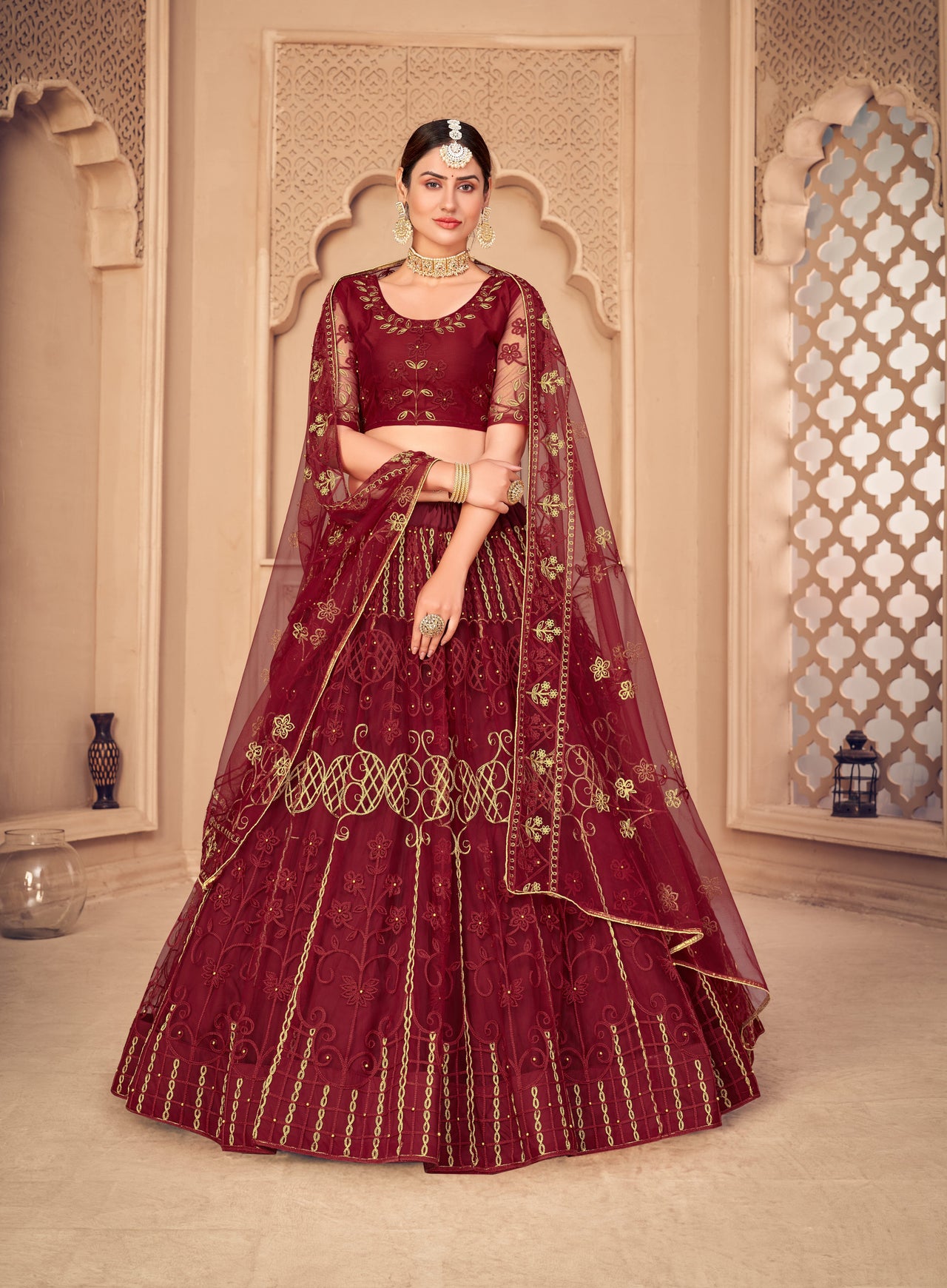 Jyoti Fashion Women's Maroon Net Thread Embroidered Designer Lehenga Choli Set