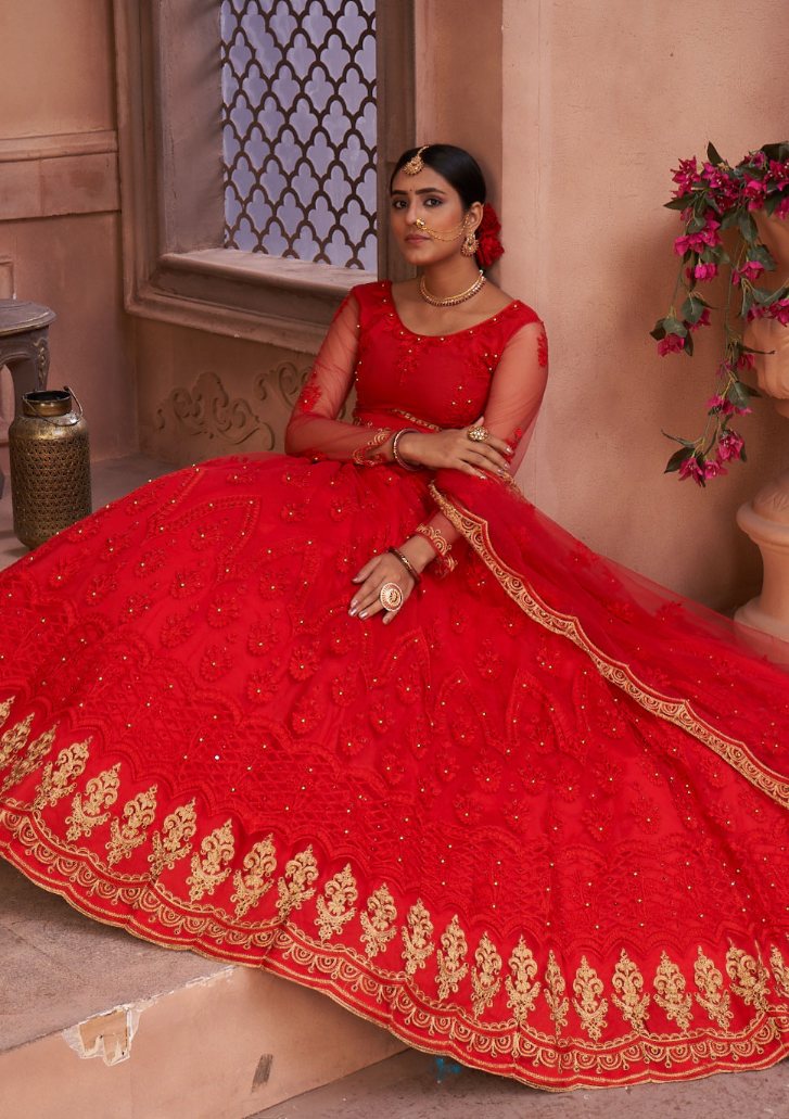 Jyoti Fashion Women's Red Net Thread Embroidered Designer Lehenga Choli Set