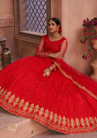Thumbnail for Jyoti Fashion Women's Red Net Thread Embroidered Designer Lehenga Choli Set