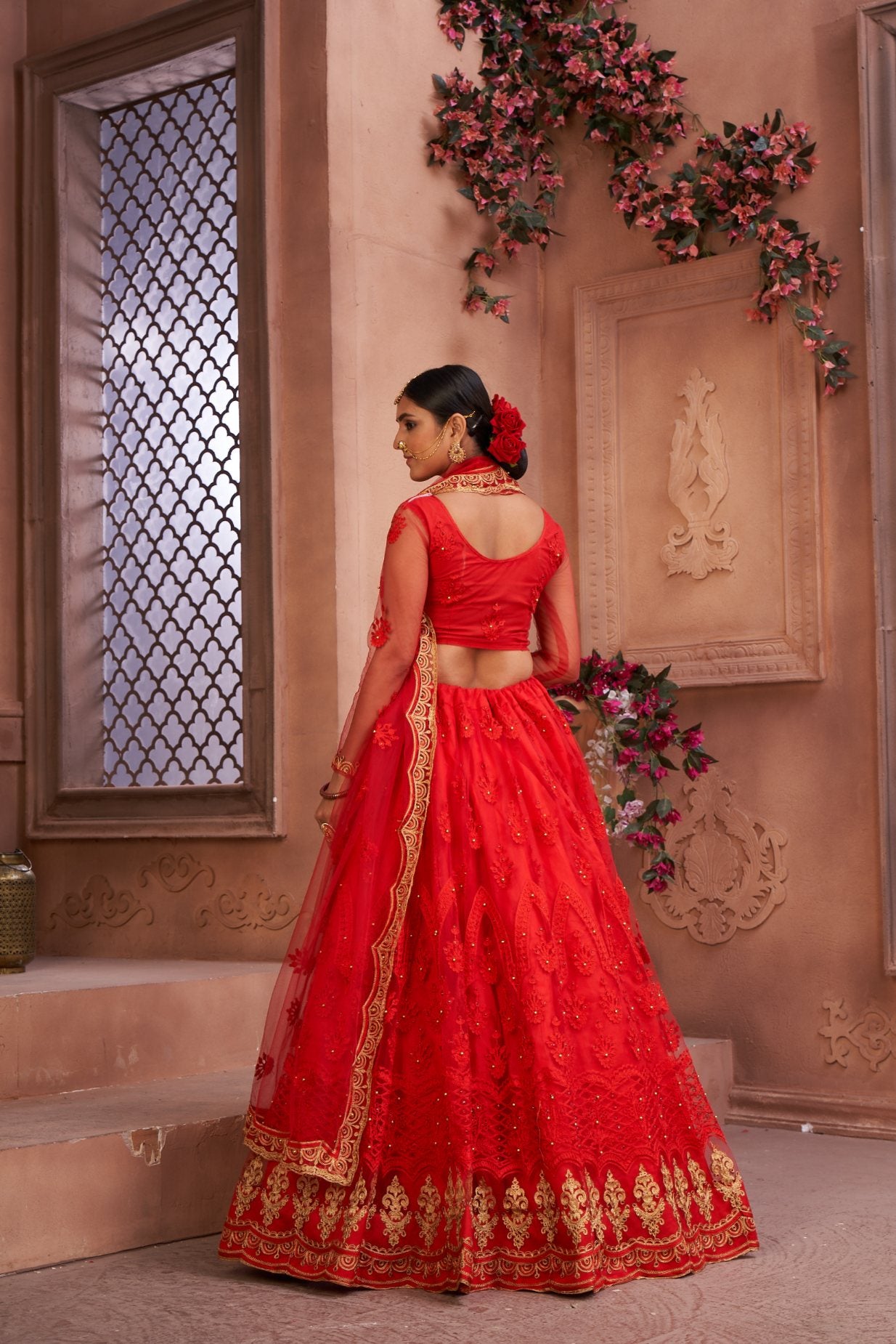 Jyoti Fashion Women's Red Net Thread Embroidered Designer Lehenga Choli Set