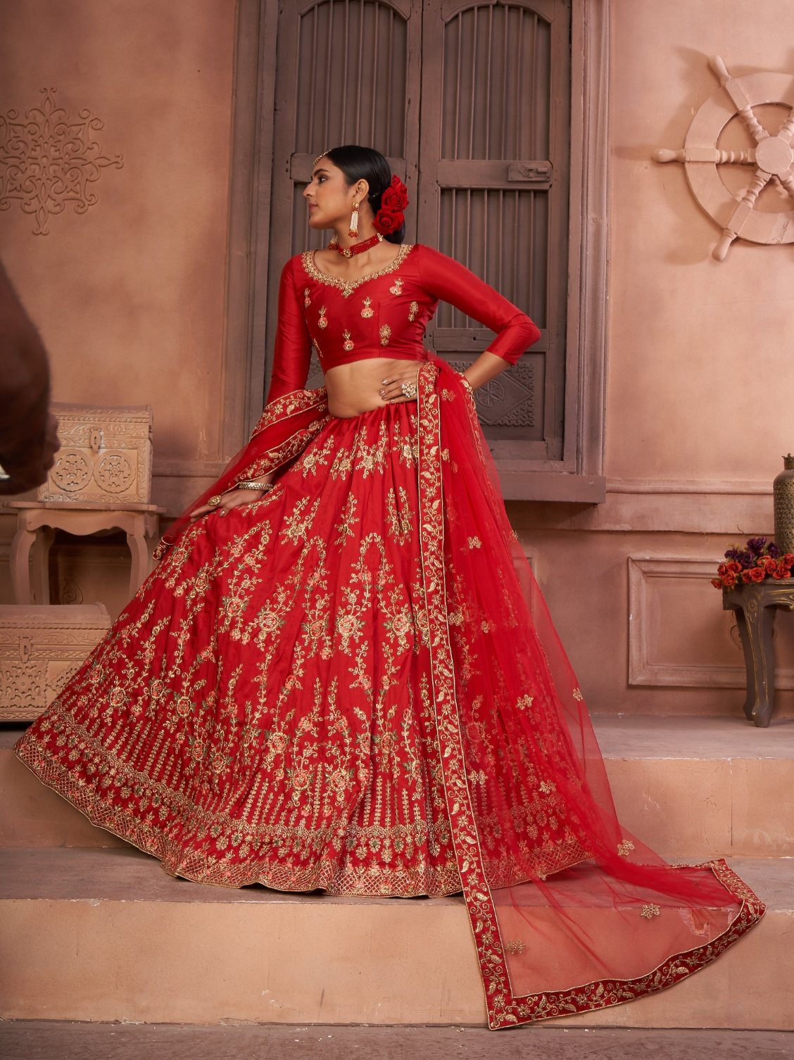 Jyoti Fashion Women's Red Taffeta Silk Thread Embroidered Designer Lehenga Choli Set