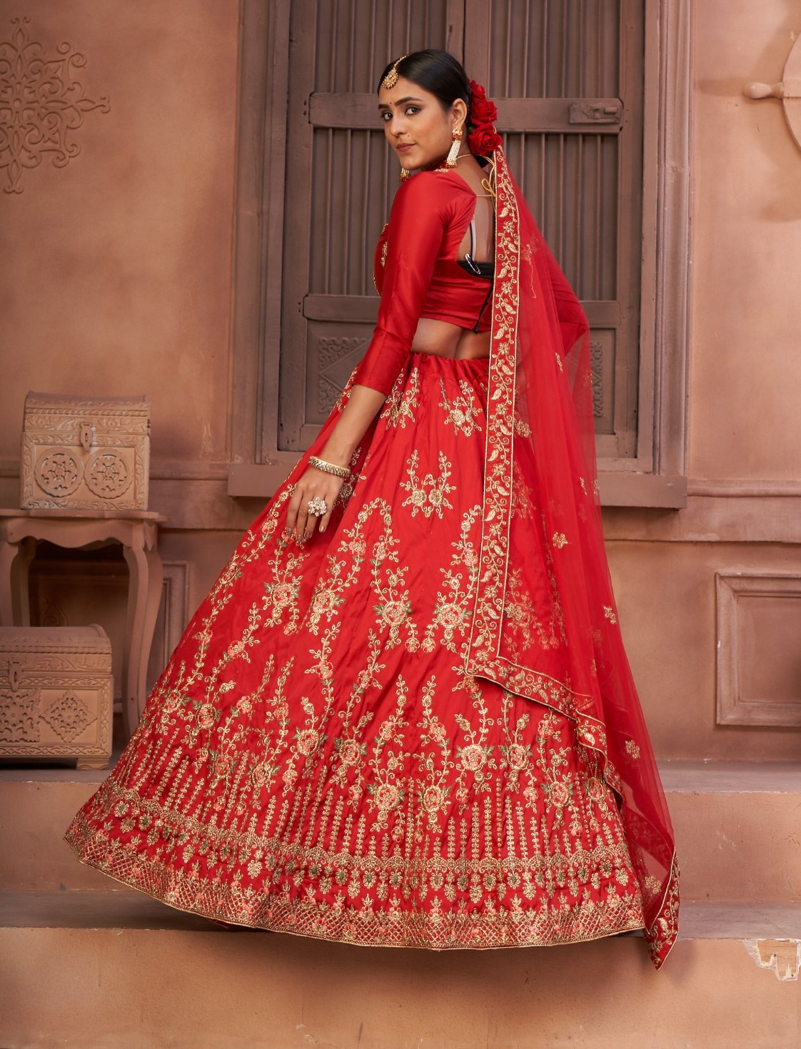 Jyoti Fashion Women's Red Taffeta Silk Thread Embroidered Designer Lehenga Choli Set