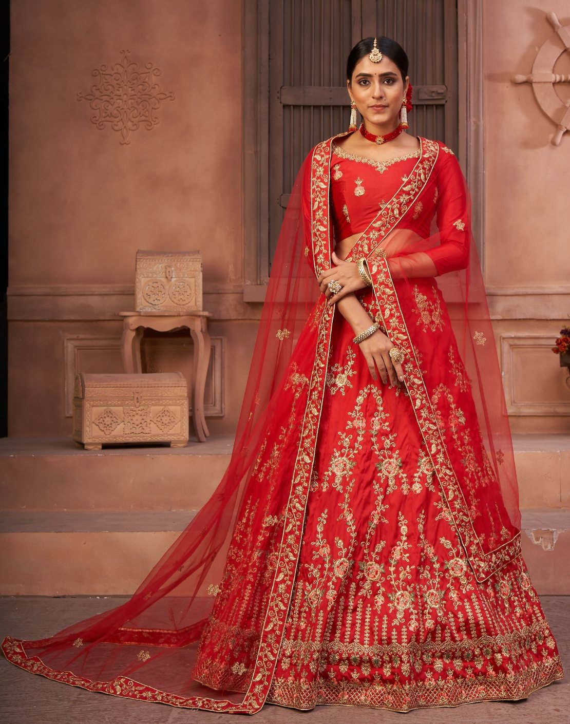 Jyoti Fashion Women's Red Taffeta Silk Thread Embroidered Designer Lehenga Choli Set