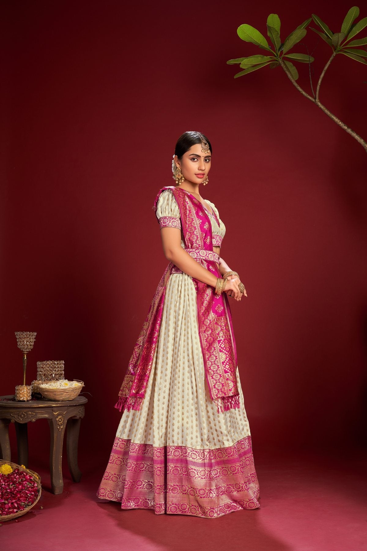 Jyoti Fashion Women's White Jacquard Zari Woven Designer Lehenga Choli Set