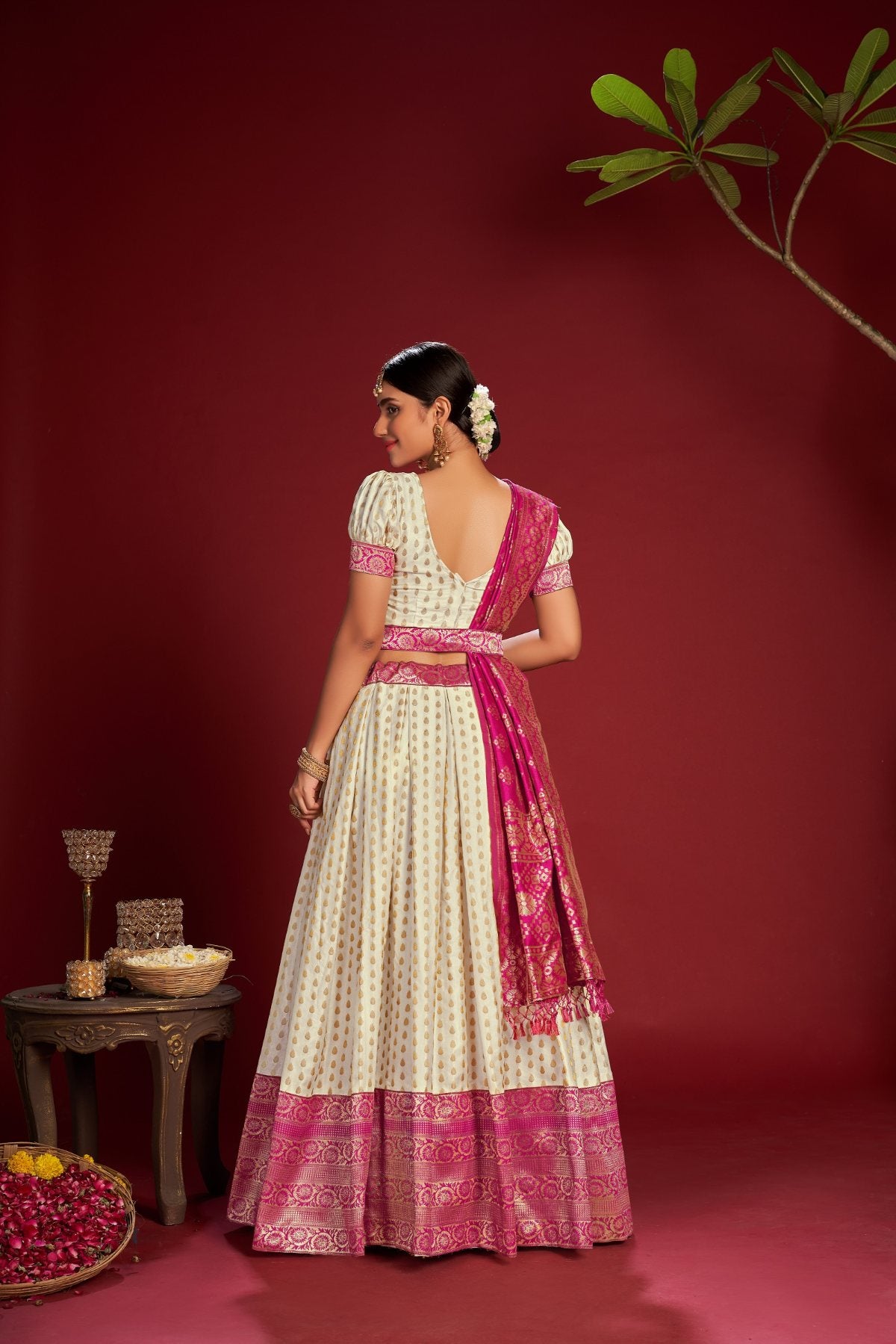 Jyoti Fashion Women's White Jacquard Zari Woven Designer Lehenga Choli Set