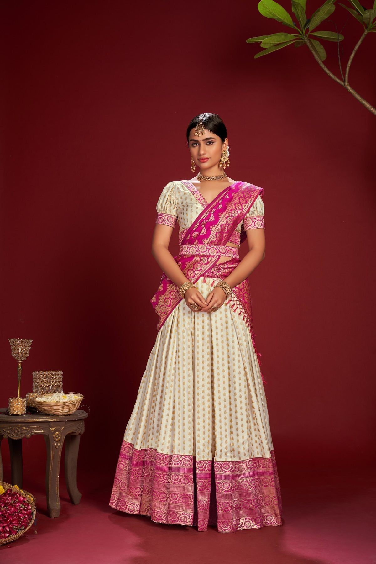 Jyoti Fashion Women's White Jacquard Zari Woven Designer Lehenga Choli Set