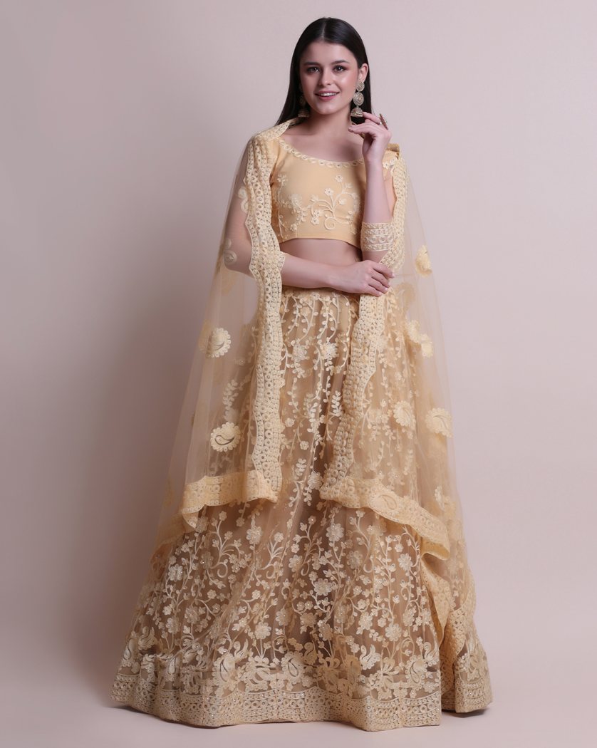 Jyoti Fashion Women's Cream Net Thread Embroidered Designer Lehenga Choli Set