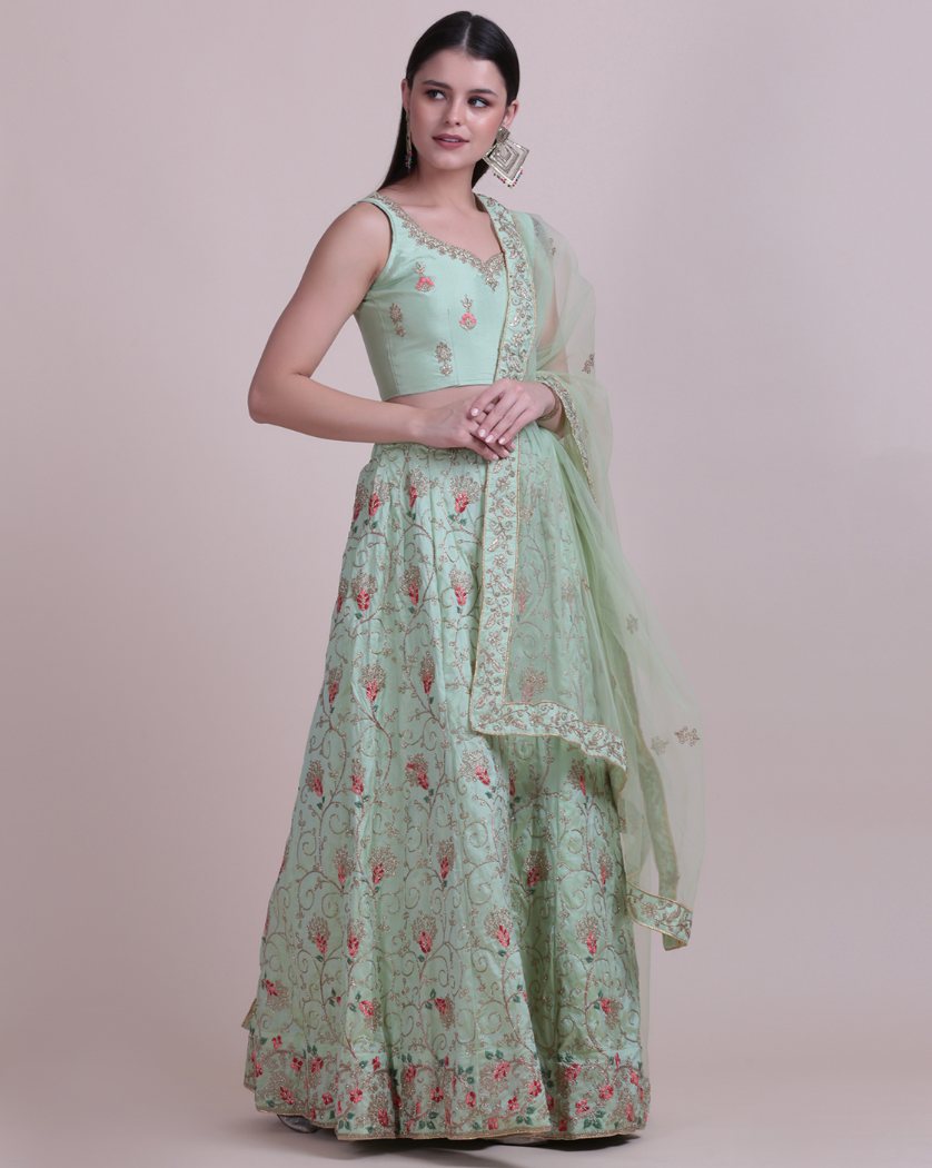 Jyoti Fashion Women's Sea Green Taffeta Silk Thread Embroidered Designer Lehenga Choli Set