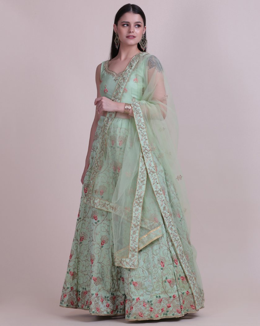Jyoti Fashion Women's Sea Green Taffeta Silk Thread Embroidered Designer Lehenga Choli Set