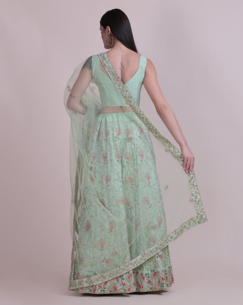 Jyoti Fashion Women's Sea Green Taffeta Silk Thread Embroidered Designer Lehenga Choli Set