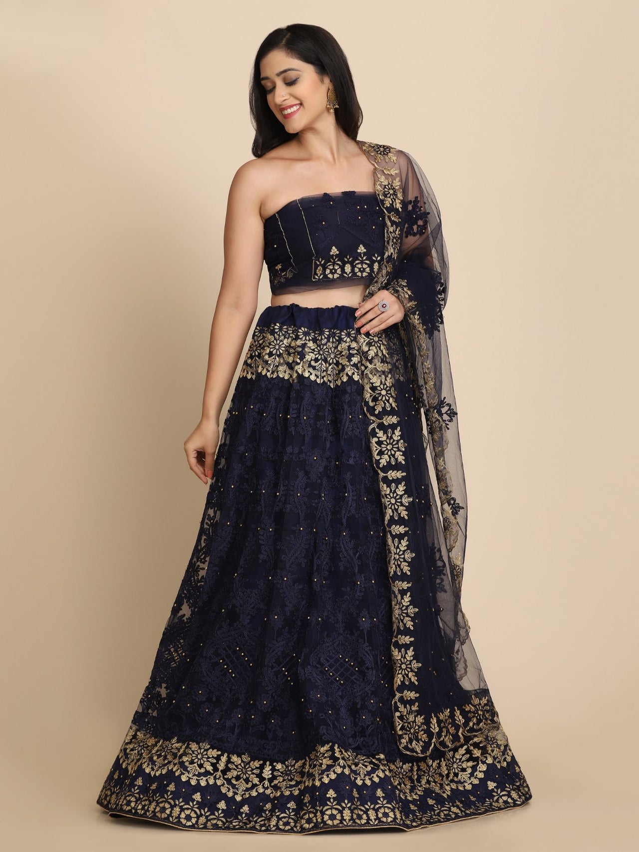 Jyoti Fashion Women's Navy Blue Net Thread Embroidered Designer Lehenga Choli Set