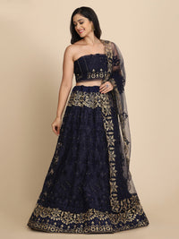Thumbnail for Jyoti Fashion Women's Navy Blue Net Thread Embroidered Designer Lehenga Choli Set