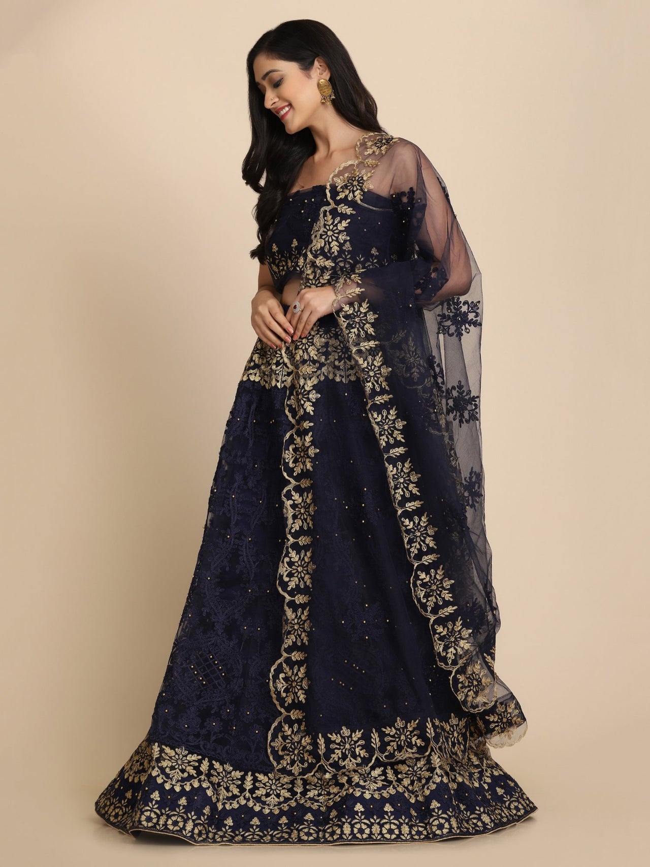 Jyoti Fashion Women's Navy Blue Net Thread Embroidered Designer Lehenga Choli Set