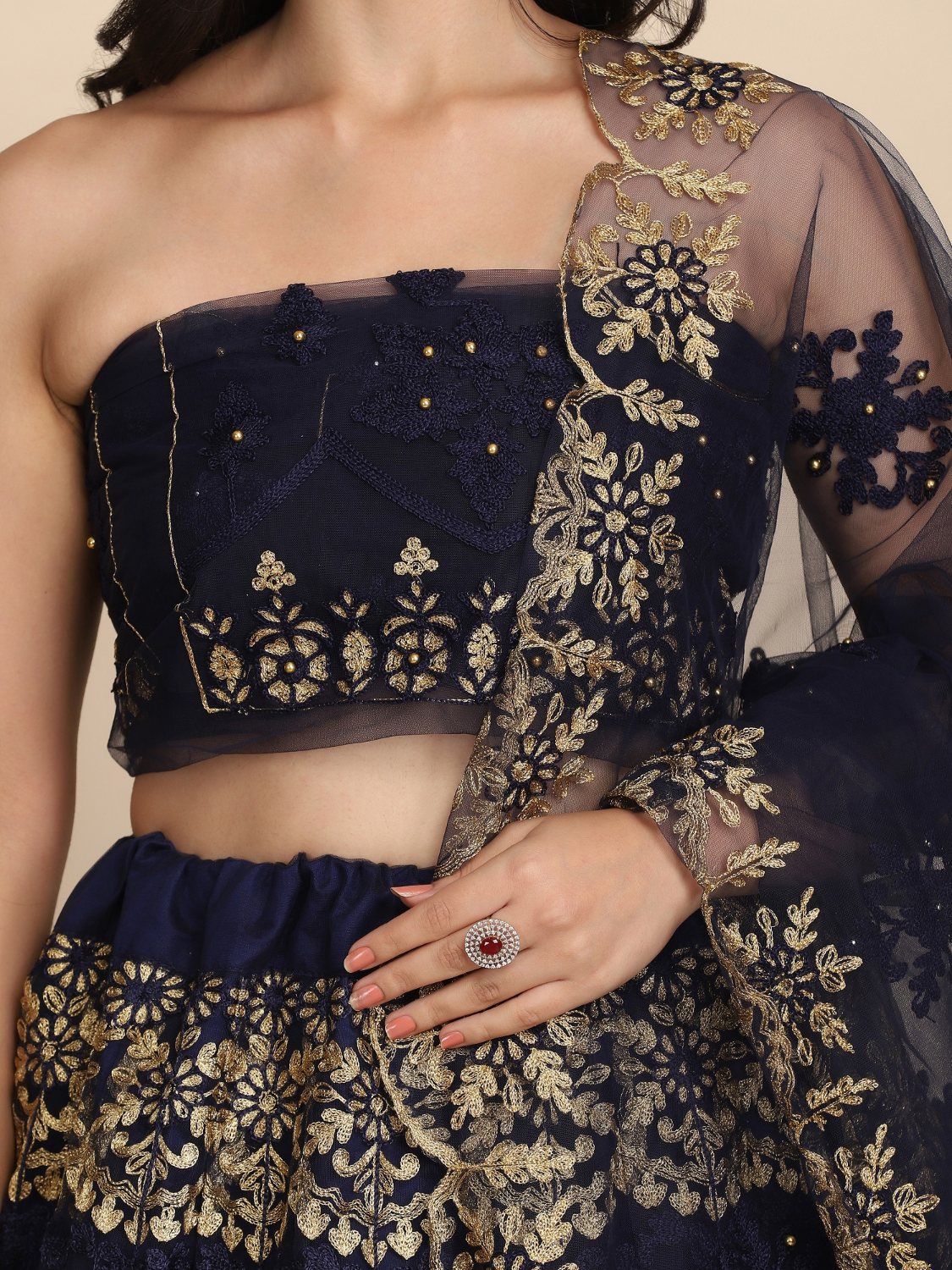Jyoti Fashion Women's Navy Blue Net Thread Embroidered Designer Lehenga Choli Set
