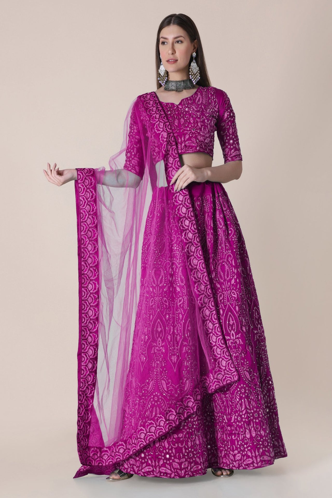 Jyoti Fashion Women's Purple Taffeta Silk Thread Embroidered Designer Lehenga Choli Set