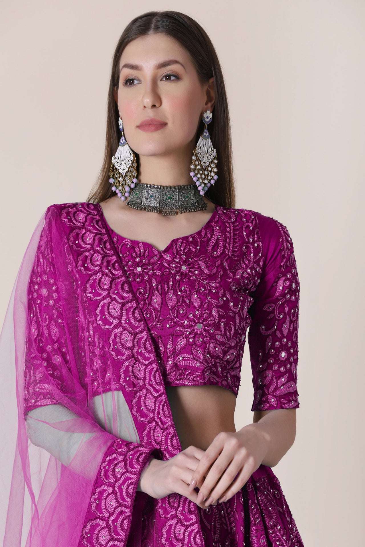 Jyoti Fashion Women's Purple Taffeta Silk Thread Embroidered Designer Lehenga Choli Set