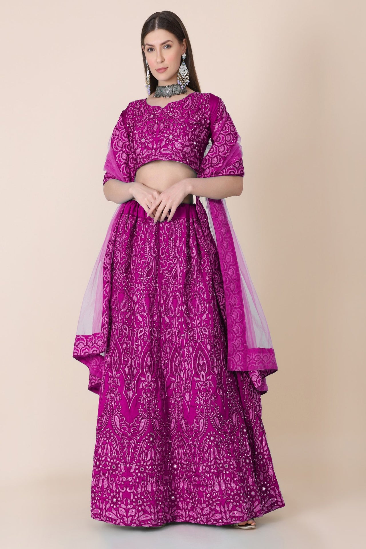 Jyoti Fashion Women's Purple Taffeta Silk Thread Embroidered Designer Lehenga Choli Set