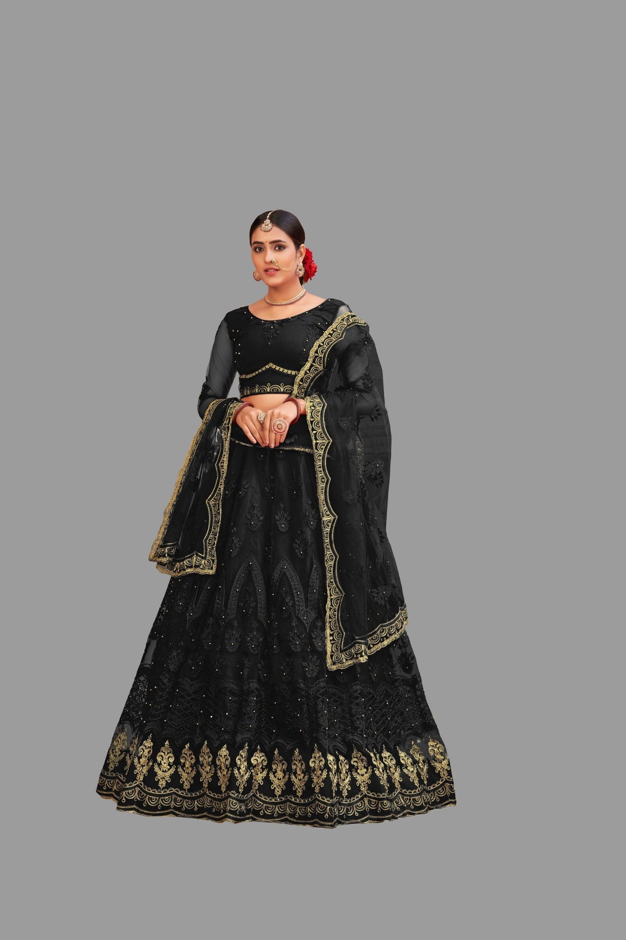 Jyoti Fashion Women's Black Net Thread Embroidered Designer Lehenga Choli Set